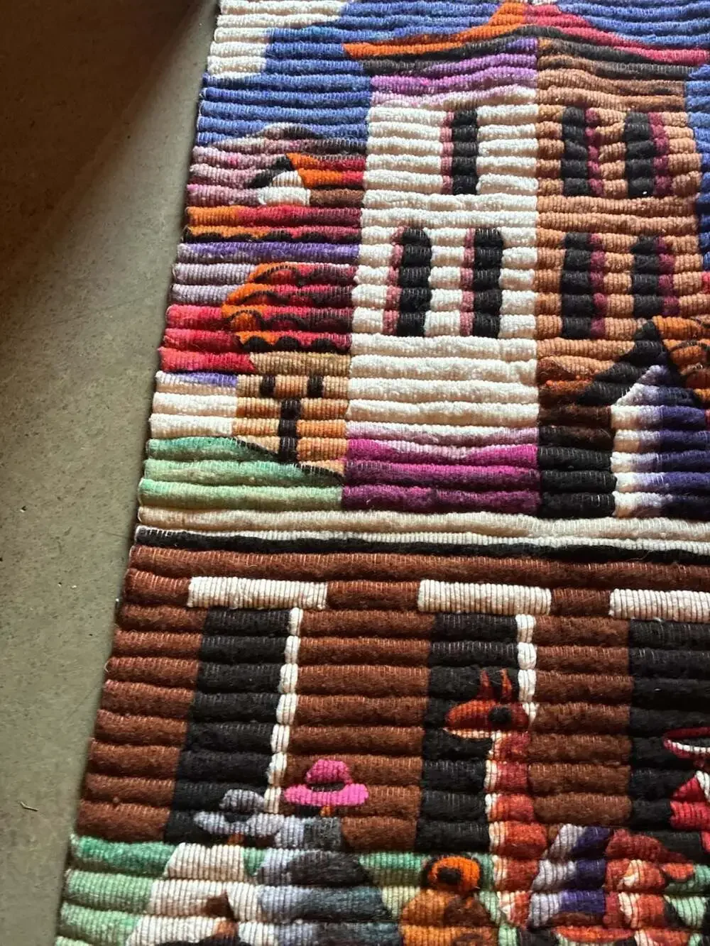 Vintage Handwoven Peruvian Wool Folk Art Wall Tapestry Village Scene